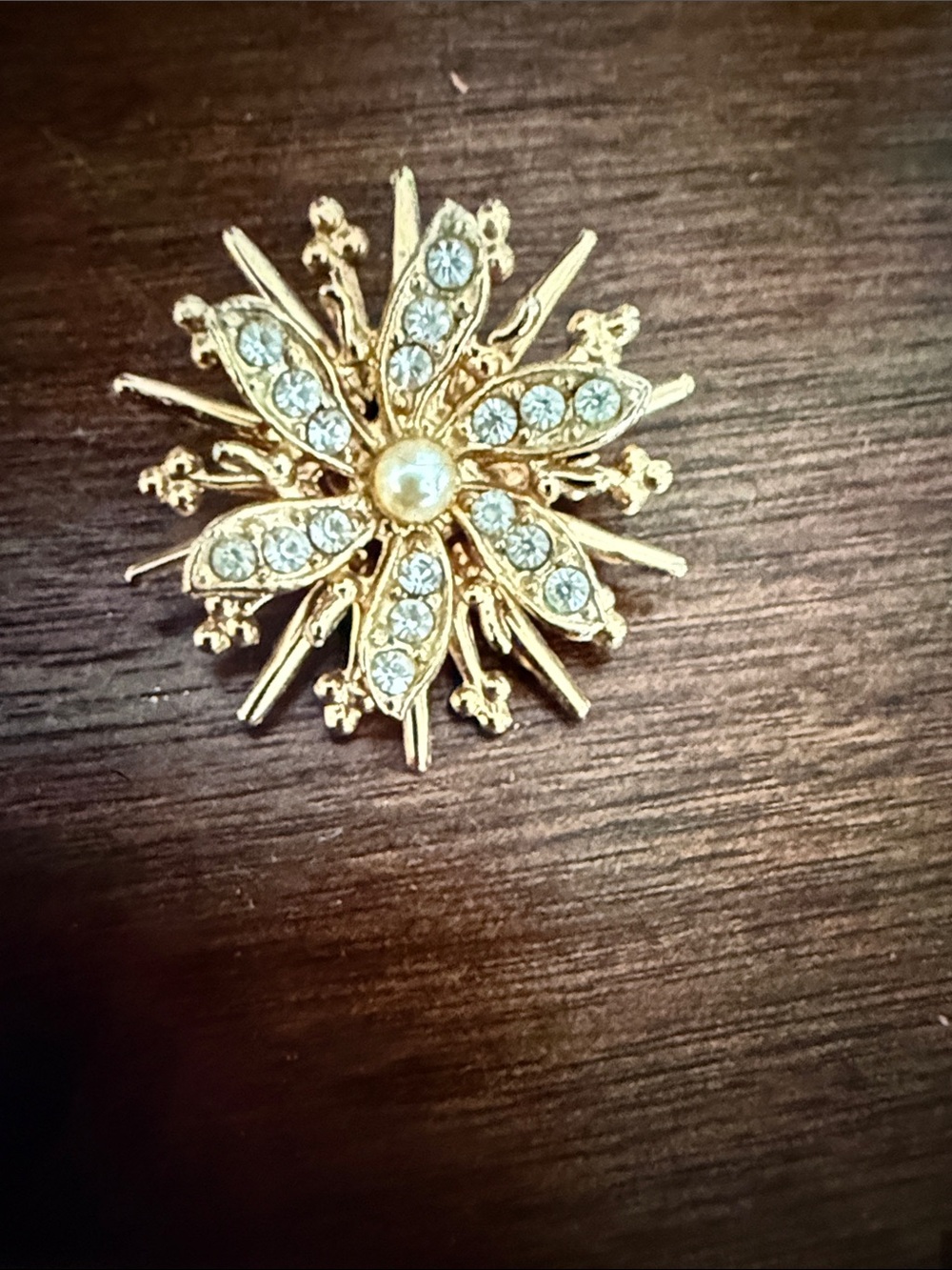 Gold Crystal Snowflake Brooch with Pearl Center - Women Jewelry
